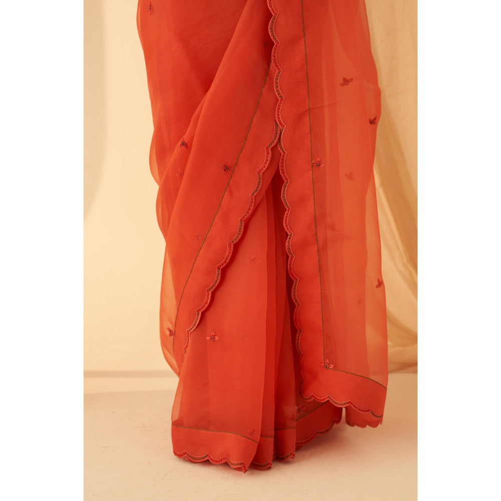 Janki India Women Rust Organza Embroidered Saree with Peticoat without Blouse
