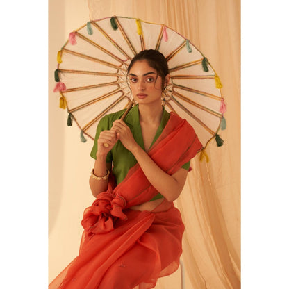 Janki India Women Rust Organza Embroidered Saree with Peticoat without Blouse