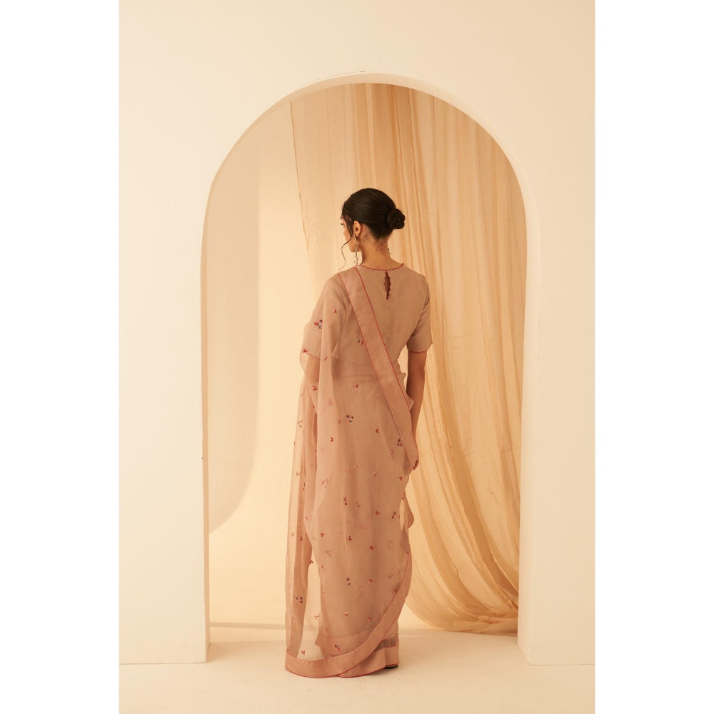 Janki India Women Gold Organza Embroidered Saree with Peticoat without Blouse