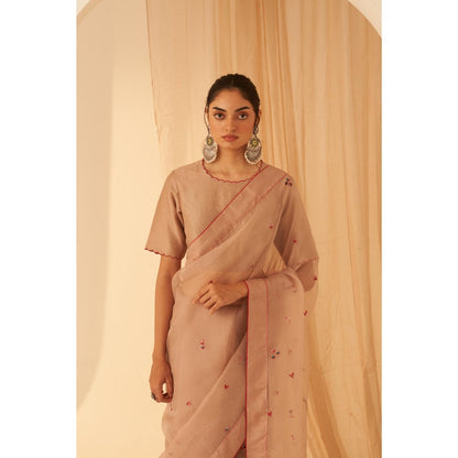 Janki India Women Gold Organza Embroidered Saree with Peticoat without Blouse