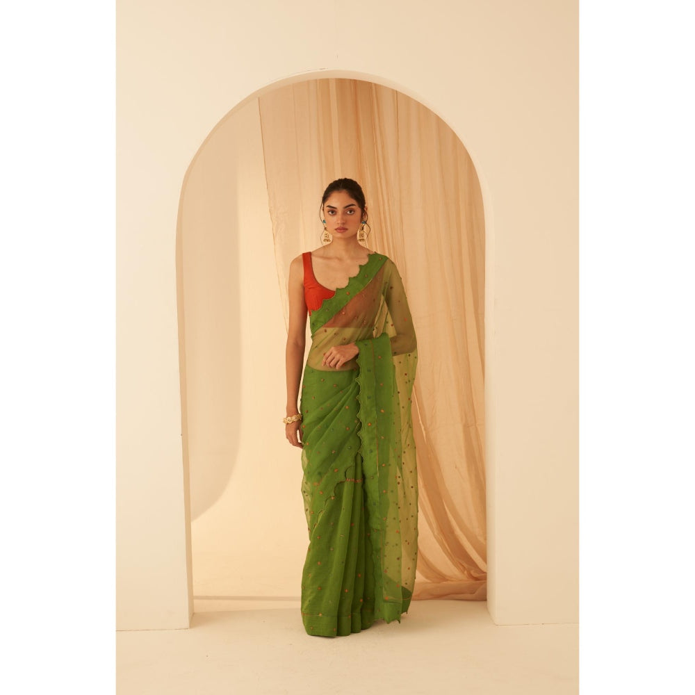 Janki India Women Green Organza Embroidered Saree with Peticoat without Blouse