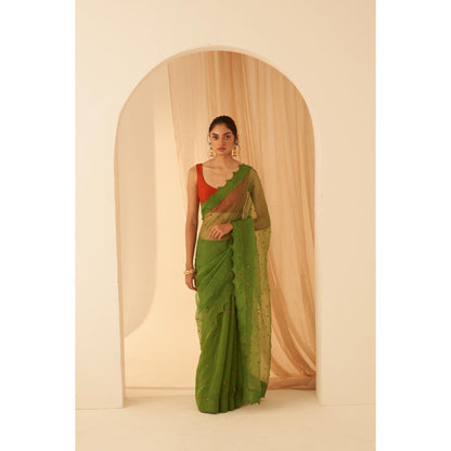 Janki India Women Green Organza Embroidered Saree with Peticoat without Blouse