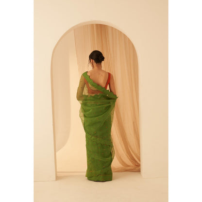 Janki India Women Green Organza Embroidered Saree with Peticoat without Blouse