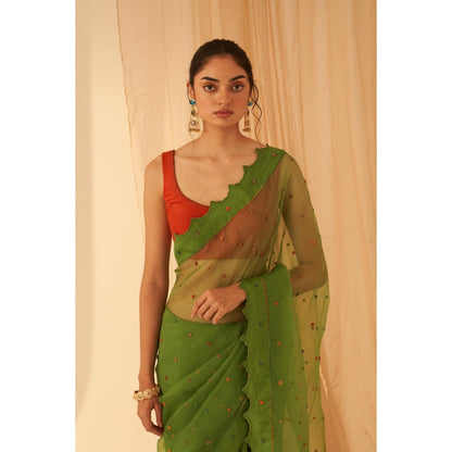 Janki India Women Green Organza Embroidered Saree with Peticoat without Blouse