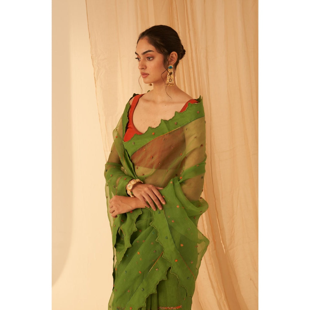 Janki India Women Green Organza Embroidered Saree with Peticoat without Blouse
