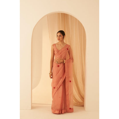 Janki India Women Peach Organza Embroidered Saree with Peticoat without Blouse
