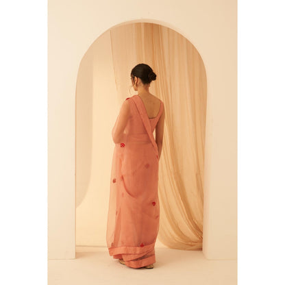 Janki India Women Peach Organza Embroidered Saree with Peticoat without Blouse