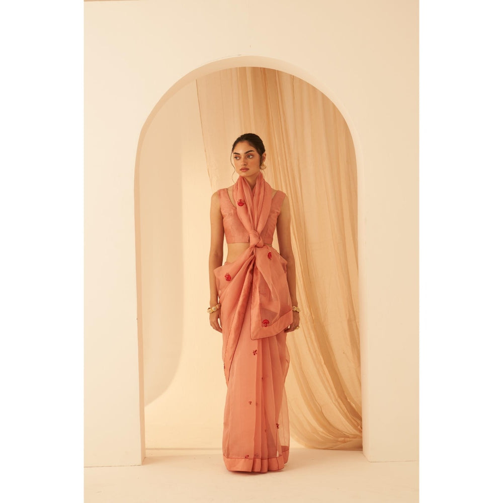 Janki India Women Peach Organza Embroidered Saree with Peticoat without Blouse