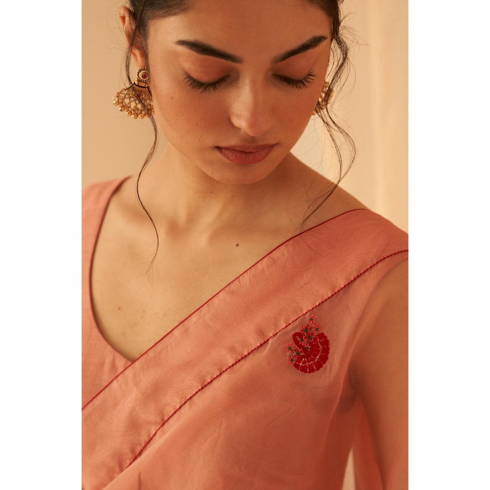 Janki India Women Peach Organza Embroidered Saree with Peticoat without Blouse