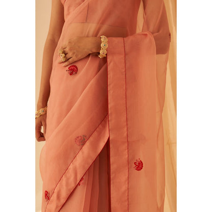 Janki India Women Peach Organza Embroidered Saree with Peticoat without Blouse