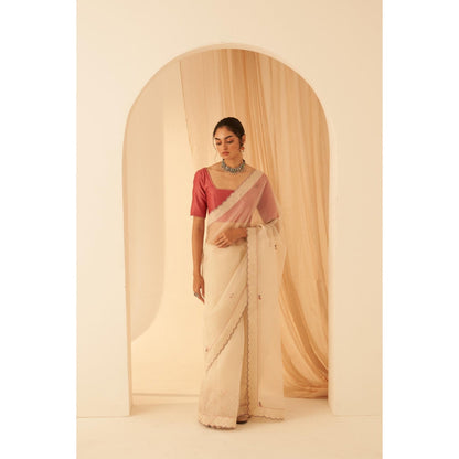 Janki India Women Beige Chanderi Embroidered Saree with Peticoat without Blouse