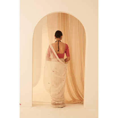 Janki India Women Beige Chanderi Embroidered Saree with Peticoat without Blouse