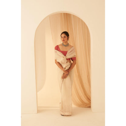 Janki India Women Beige Chanderi Embroidered Saree with Peticoat without Blouse