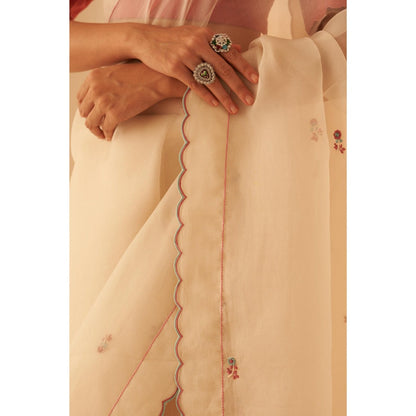 Janki India Women Beige Chanderi Embroidered Saree with Peticoat without Blouse
