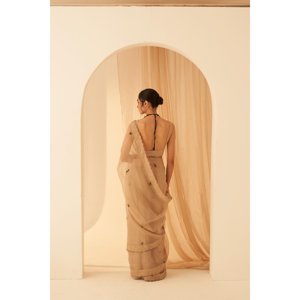 Janki India Women Beige Organza Embroidered Saree with Peticoat without Blouse