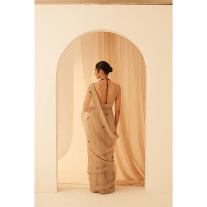 Janki India Women Beige Organza Embroidered Saree with Peticoat without Blouse