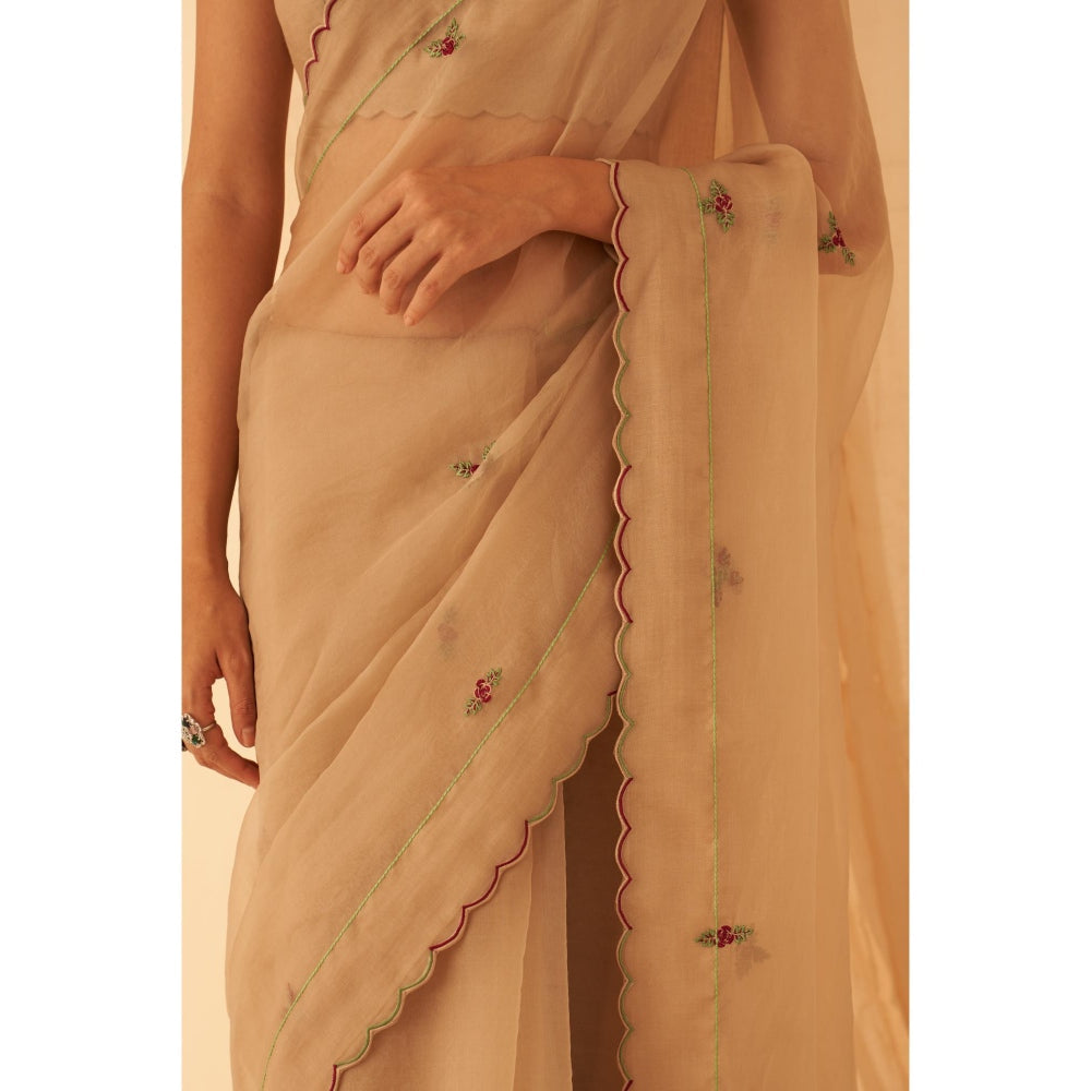 Janki India Women Beige Organza Embroidered Saree with Peticoat without Blouse