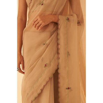 Janki India Women Beige Organza Embroidered Saree with Peticoat without Blouse