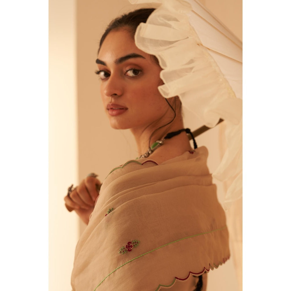 Janki India Women Beige Organza Embroidered Saree with Peticoat without Blouse