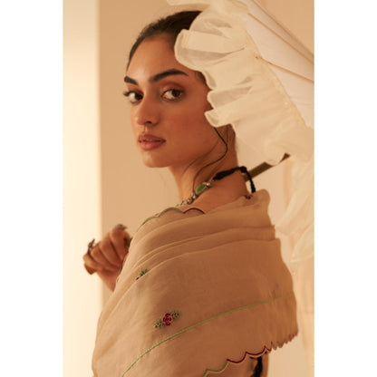 Janki India Women Beige Organza Embroidered Saree with Peticoat without Blouse