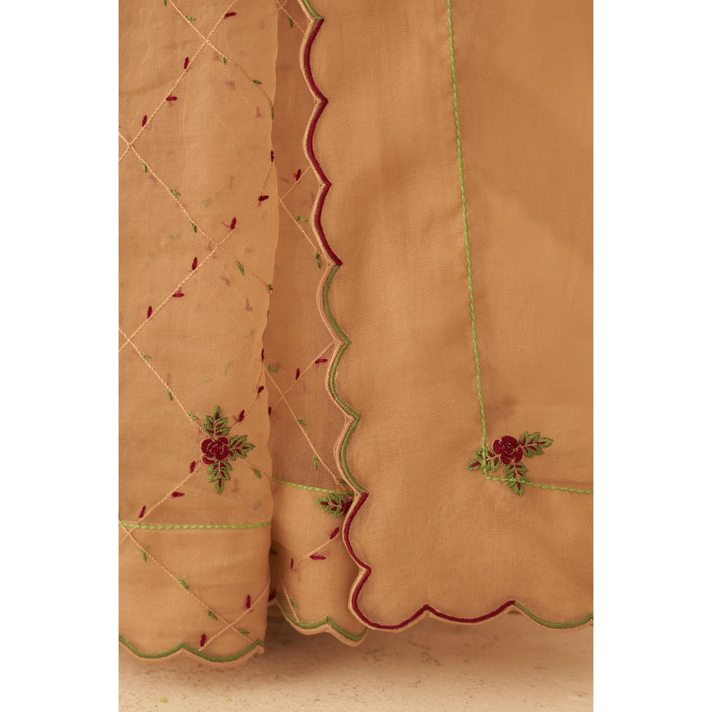 Janki India Women Beige Organza Embroidered Saree with Peticoat without Blouse