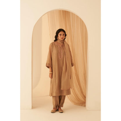 Janki India Champagne Chanderi Thread Embroidery Kurta with Pant and Dupatta (Set of 3)