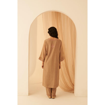 Janki India Champagne Chanderi Thread Embroidery Kurta with Pant and Dupatta (Set of 3)