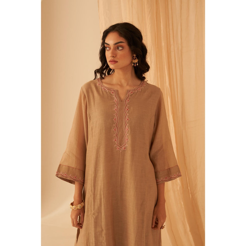 Janki India Champagne Chanderi Thread Embroidery Kurta with Pant and Dupatta (Set of 3)