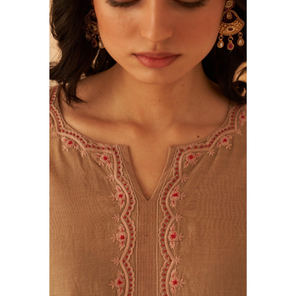 Janki India Champagne Chanderi Thread Embroidery Kurta with Pant and Dupatta (Set of 3)