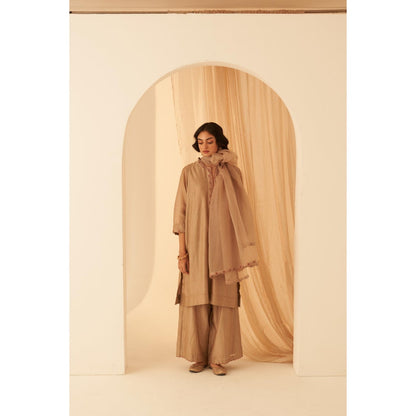 Janki India Graceful Champagne Chanderi Kurta with Palazzo and Dupatta (Set of 3)
