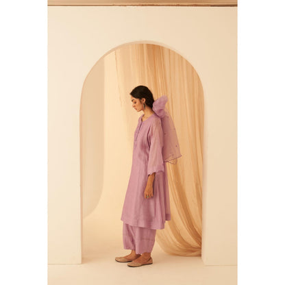 Janki India Floral Embroidered Lilac Kurta with Salwar and Dupatta with Slip (Set of 4)