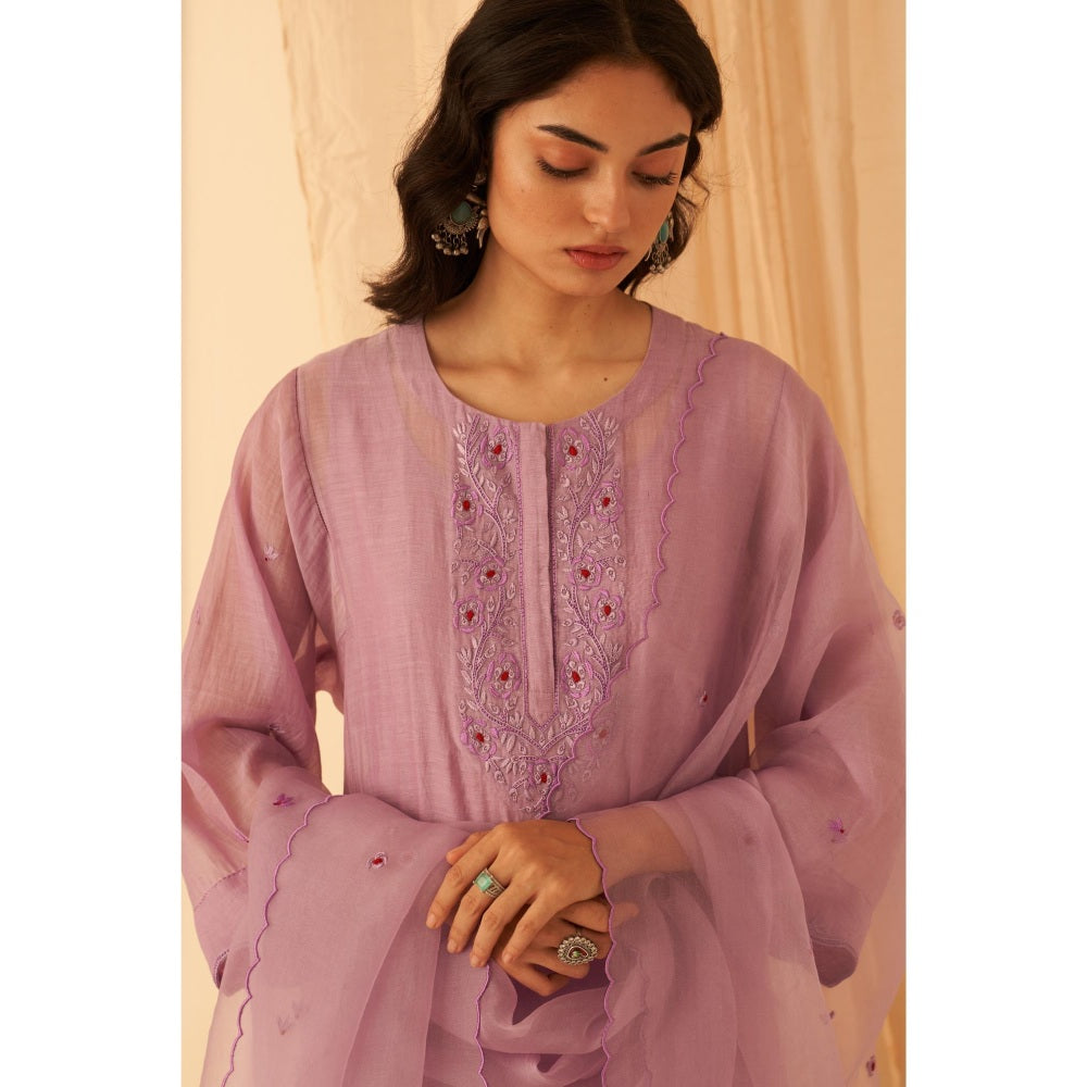 Janki India Floral Embroidered Lilac Kurta with Salwar and Dupatta with Slip (Set of 4)
