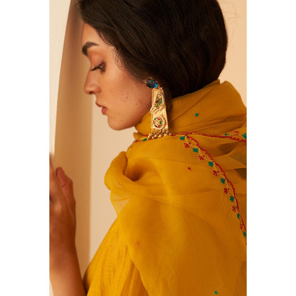 Janki India Mustard Chanderi Bullion Knot Embroidery Kurta with Pant and Dupatta (Set of 3)