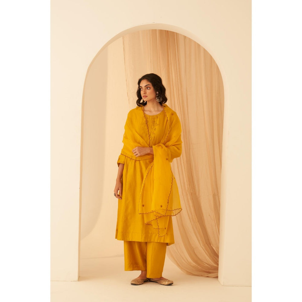 Janki India Floral Embroidered Mustard Kurta with Pant and Dupatta (Set of 3)