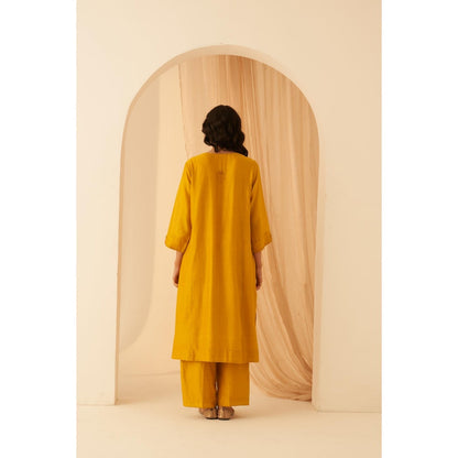 Janki India Floral Embroidered Mustard Kurta with Pant and Dupatta (Set of 3)