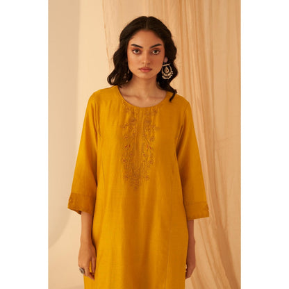 Janki India Floral Embroidered Mustard Kurta with Pant and Dupatta (Set of 3)