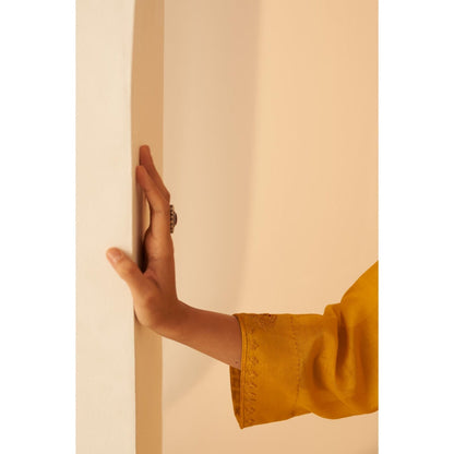 Janki India Floral Embroidered Mustard Kurta with Pant and Dupatta (Set of 3)