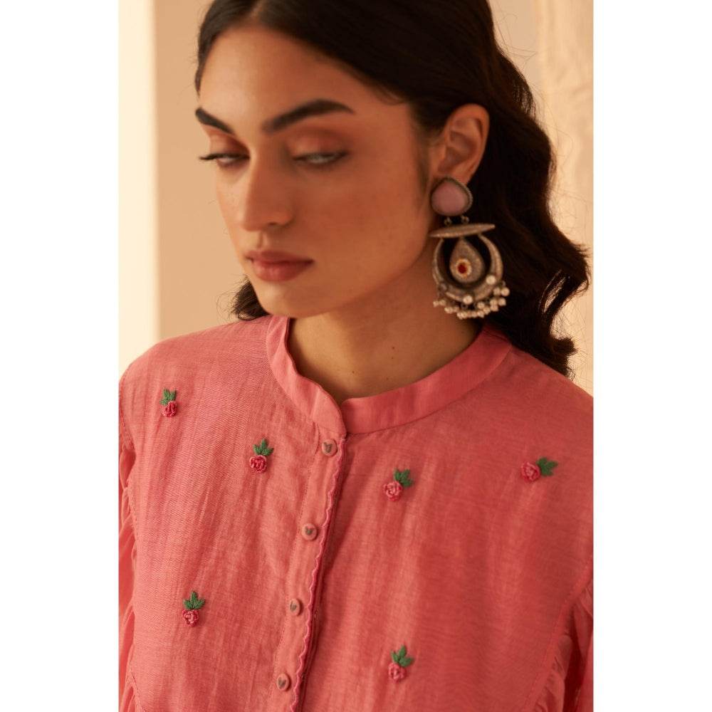 Janki India Pink Embroidery Kurta with Palazzo and Dupatta with Slip (Set of 4)