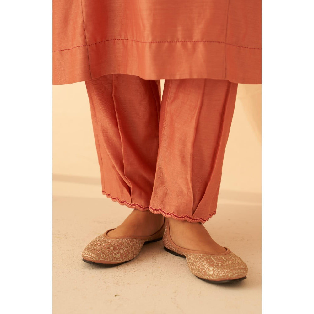 Janki India Peach Chanderi Floral Embroidery Kurta with Pant and Dupatta (Set of 3)