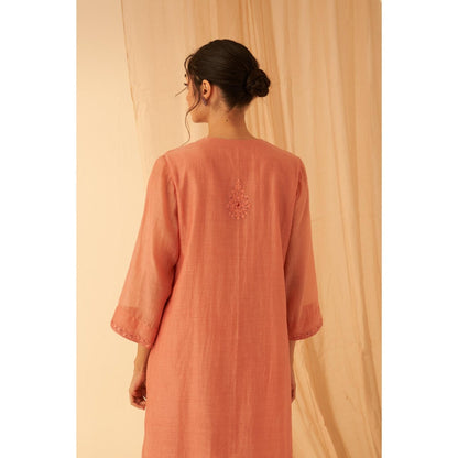 Janki India Timeless Peach Chanderi Floral Embroidery Kurta with Pant and Dupatta (Set of 3)