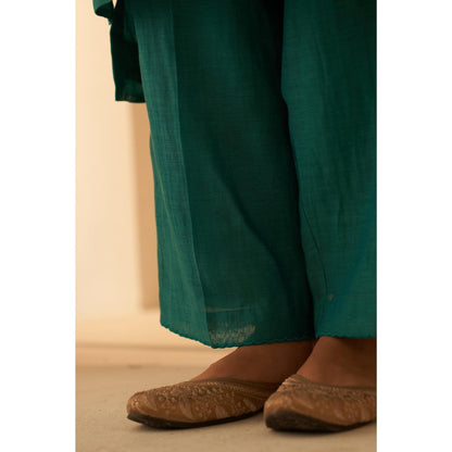 Janki India Ocean Turquoise Chanderi Pintuck Pleats Kurta with Pant and Dupatta (Set of 3)
