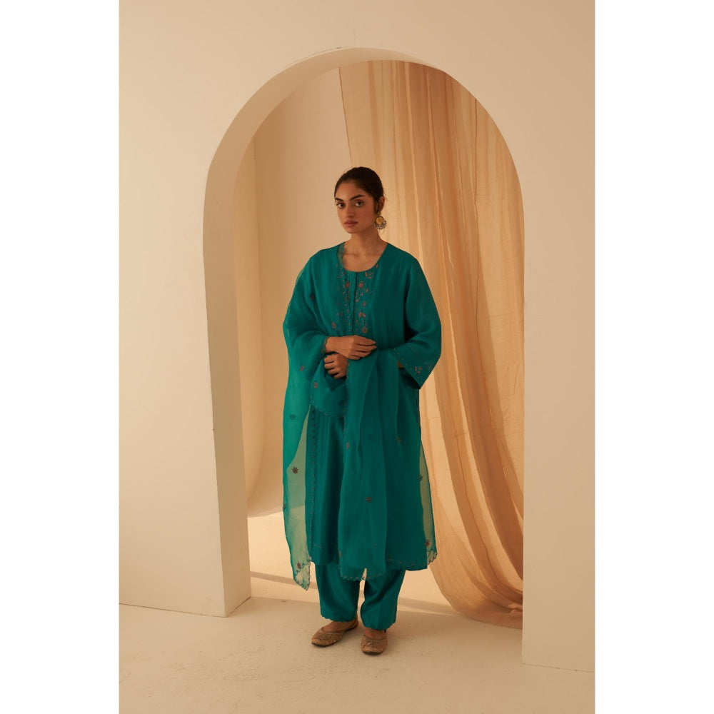 Janki India Turquoise Zardozi Work Kurta with Pant and Dupatta (Set of 3)