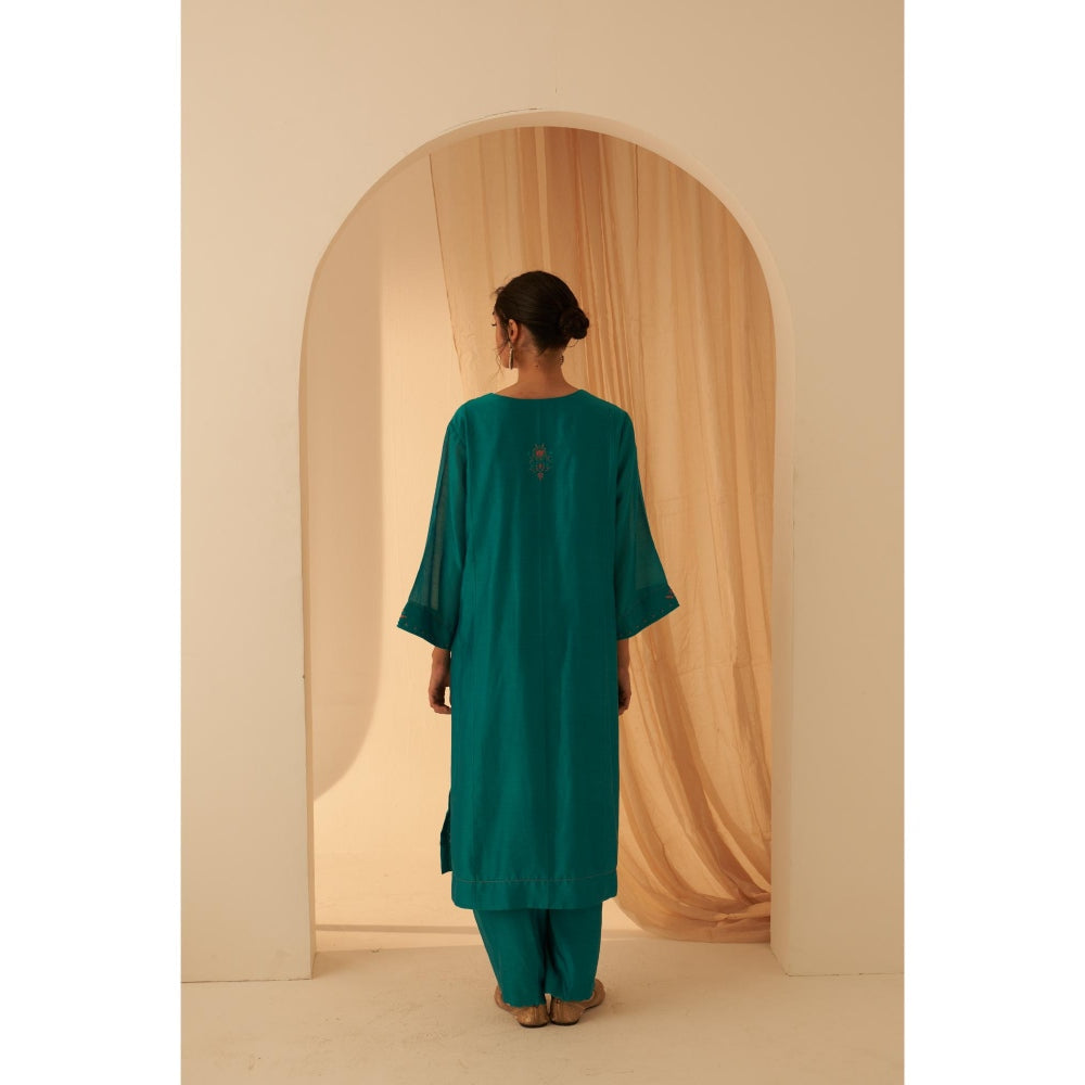 Janki India Turquoise Zardozi Work Kurta with Pant and Dupatta (Set of 3)