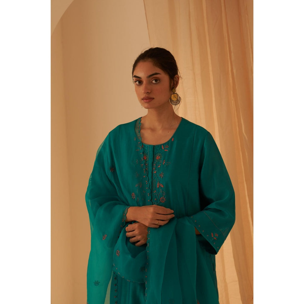 Janki India Turquoise Zardozi Work Kurta with Pant and Dupatta (Set of 3)