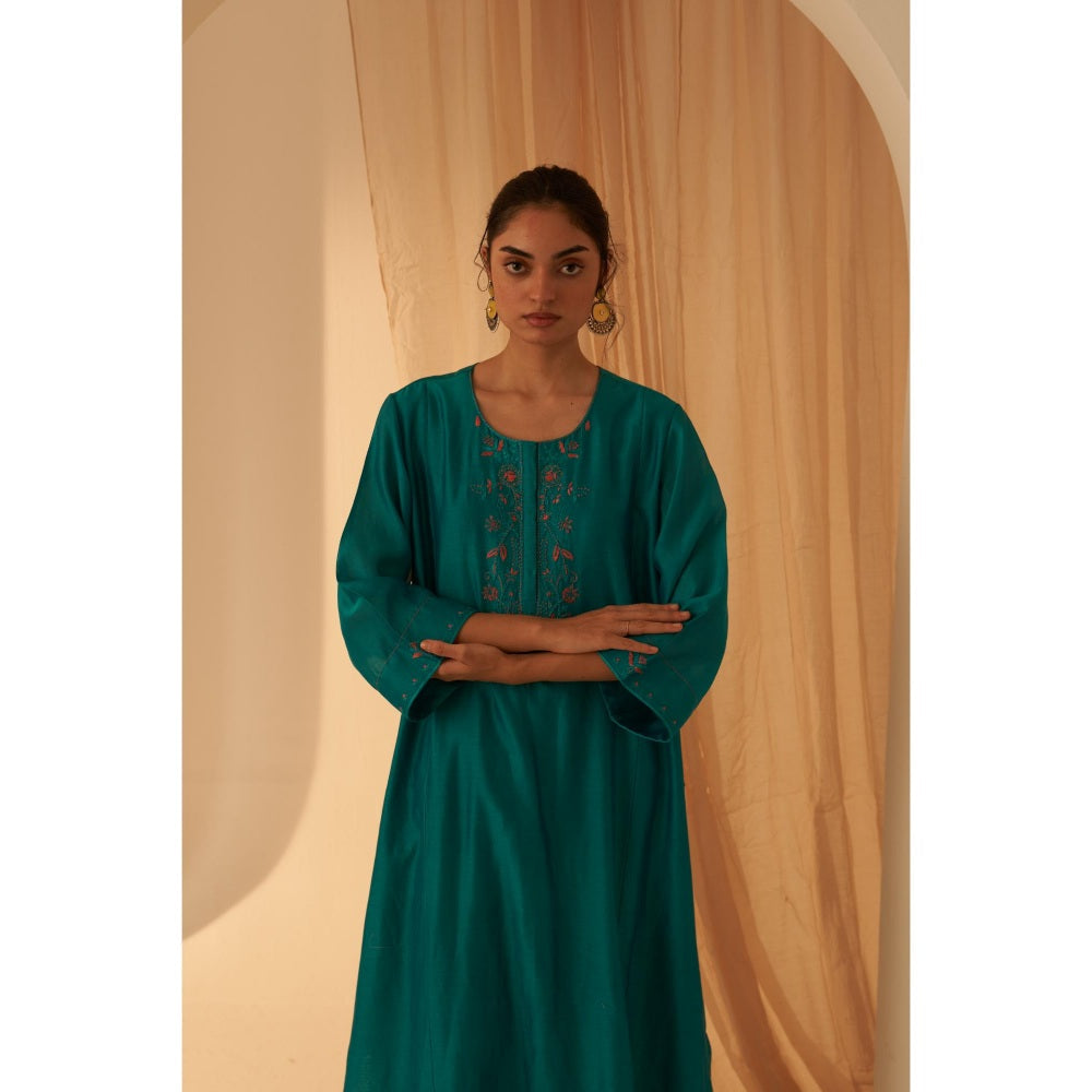 Janki India Turquoise Zardozi Work Kurta with Pant and Dupatta (Set of 3)
