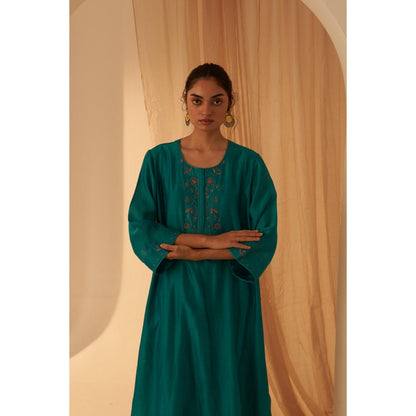Janki India Turquoise Zardozi Work Kurta with Pant and Dupatta (Set of 3)