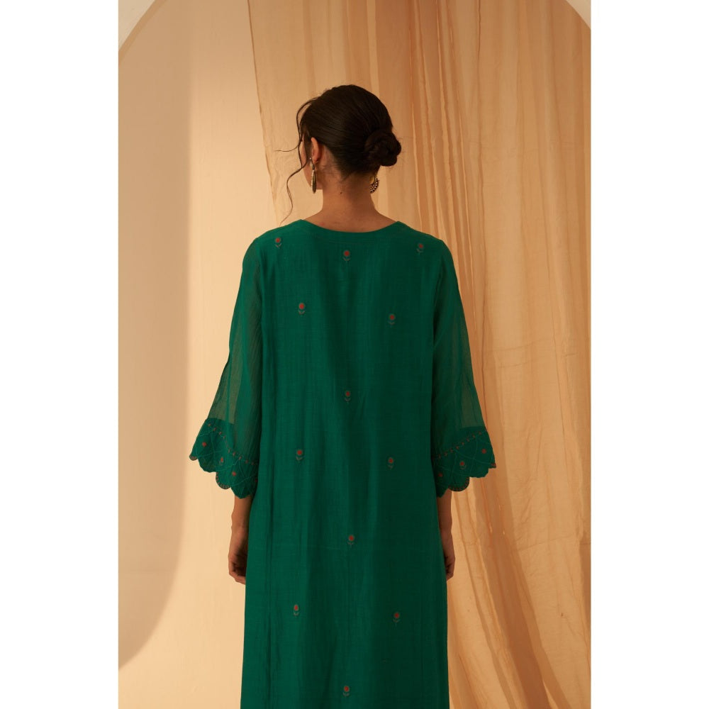 Janki India Rama Green Chanderi Floral Buti Embroidery Kurta with Pant and Dupatta (Set of 3)