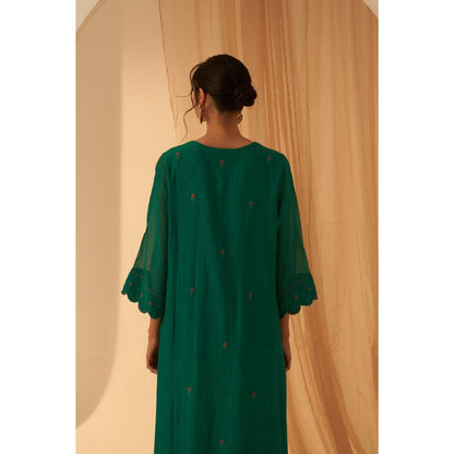 Janki India Rama Green Chanderi Floral Buti Embroidery Kurta with Pant and Dupatta (Set of 3)