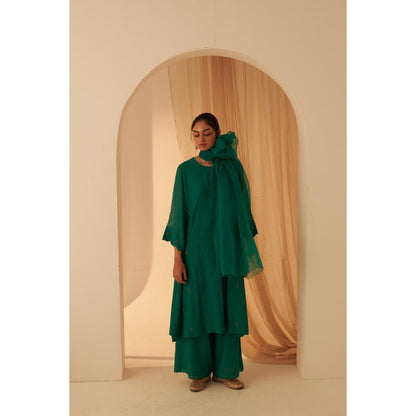 Janki India Rama Green Chanderi Floral Buti Embroidery Kurta with Pant and Dupatta (Set of 3)