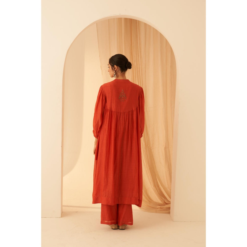 Janki India Rust Chanderi Embroidery Kurta with Pant and Dupatta with Slip (Set of 4)